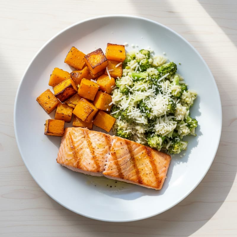 Pan-Seared Salmon with Roasted Butternut Squash and Parmesan Broccoli Rice