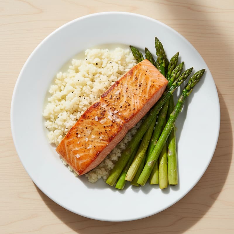 Seared Salmon Fillet with Roasted Asparagus and Cauliflower Rice