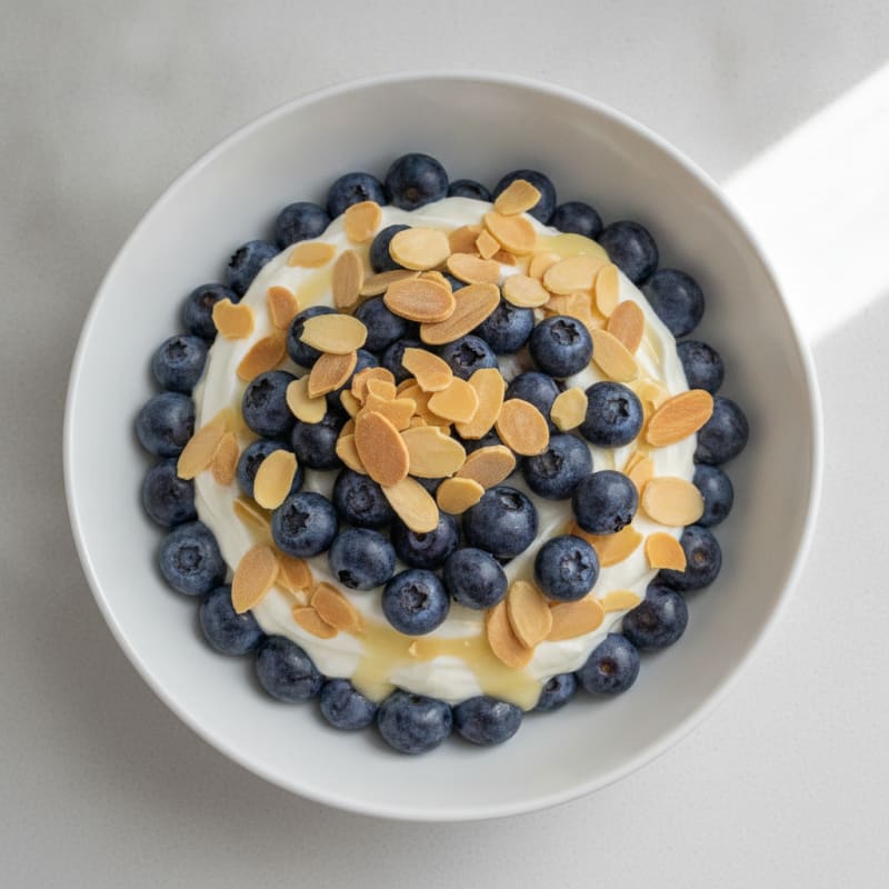 Vanilla Greek Yogurt Protein Parfait with Almonds and Blueberries