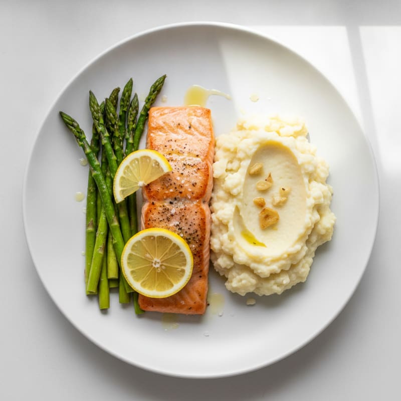 Seared Salmon Fillet with Roasted Asparagus and Cauliflower Mash