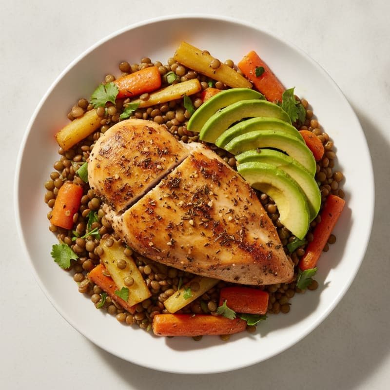 Herb-Roasted Chicken with Lentils and Root Vegetables