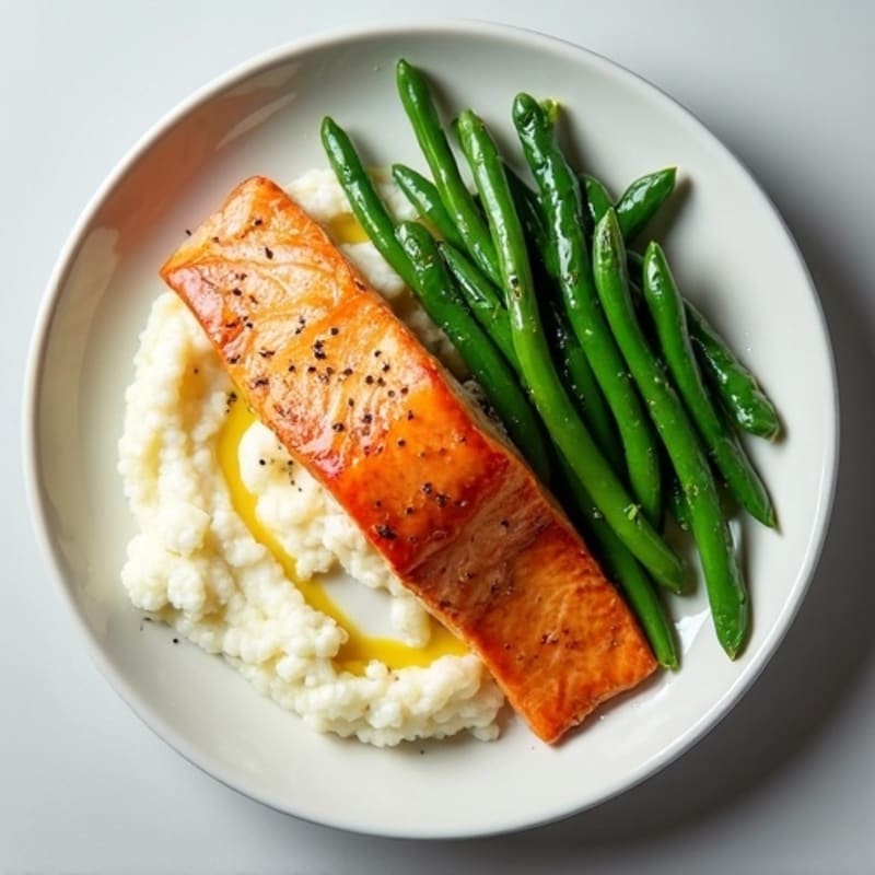 Seared Salmon with Garlic Green Beans and Cauliflower Mash