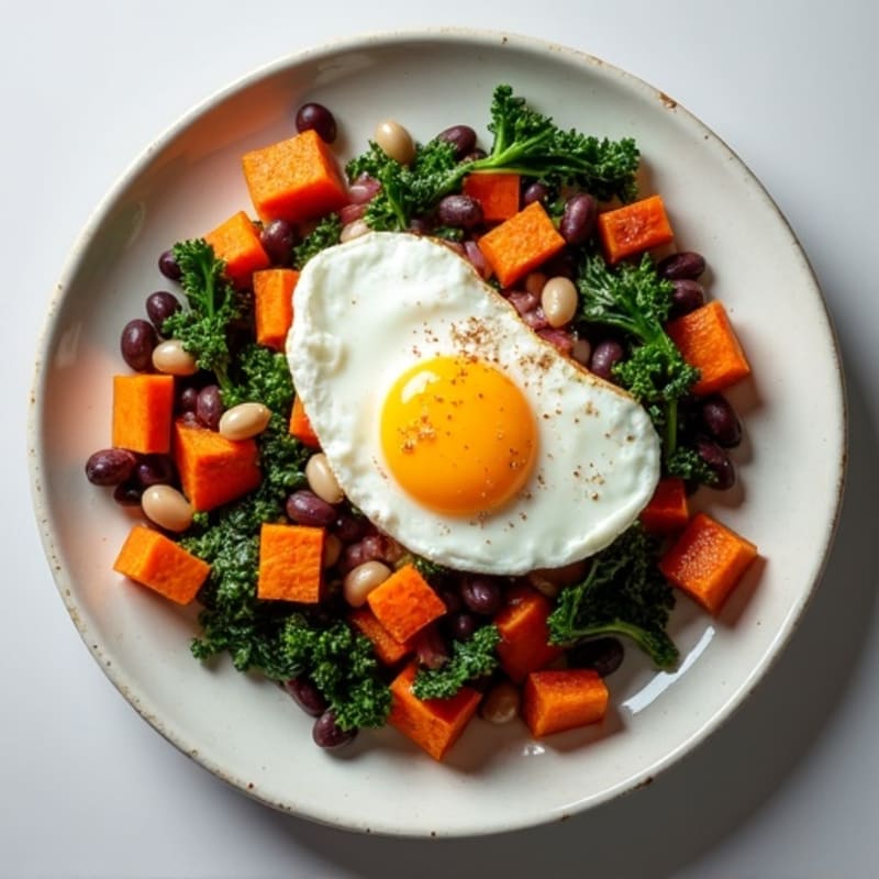 Crispy Sweet Potato and Kale Hash with Poached Eggs