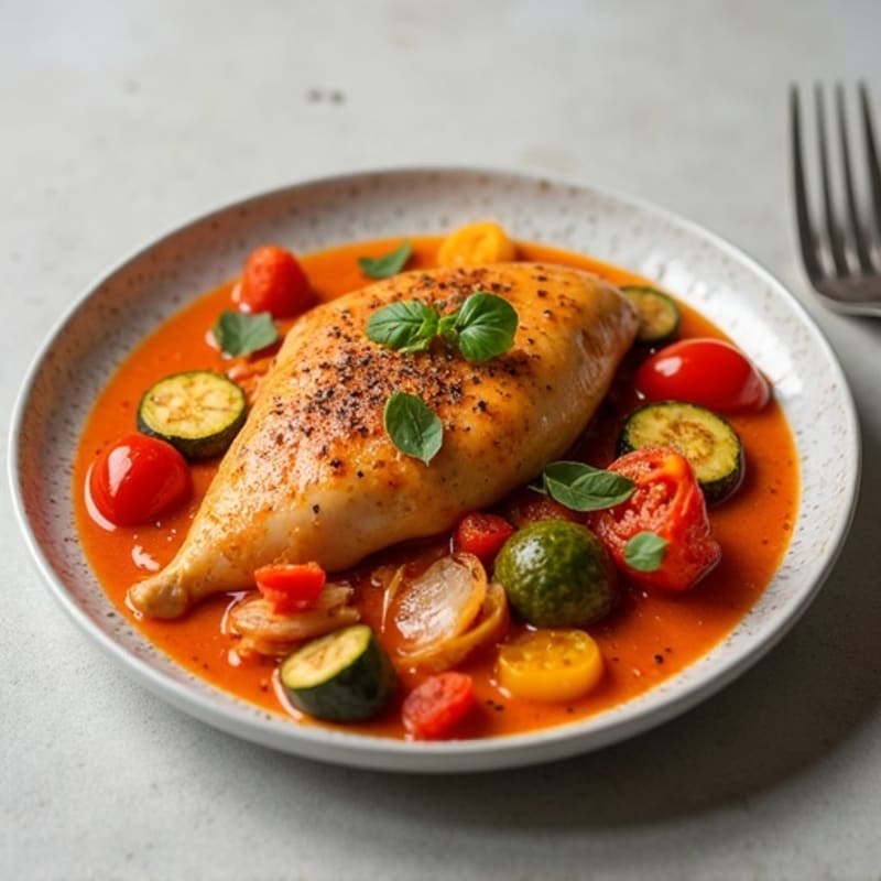 Creamy Spiced Tomato Chicken with Roasted Vegetables
