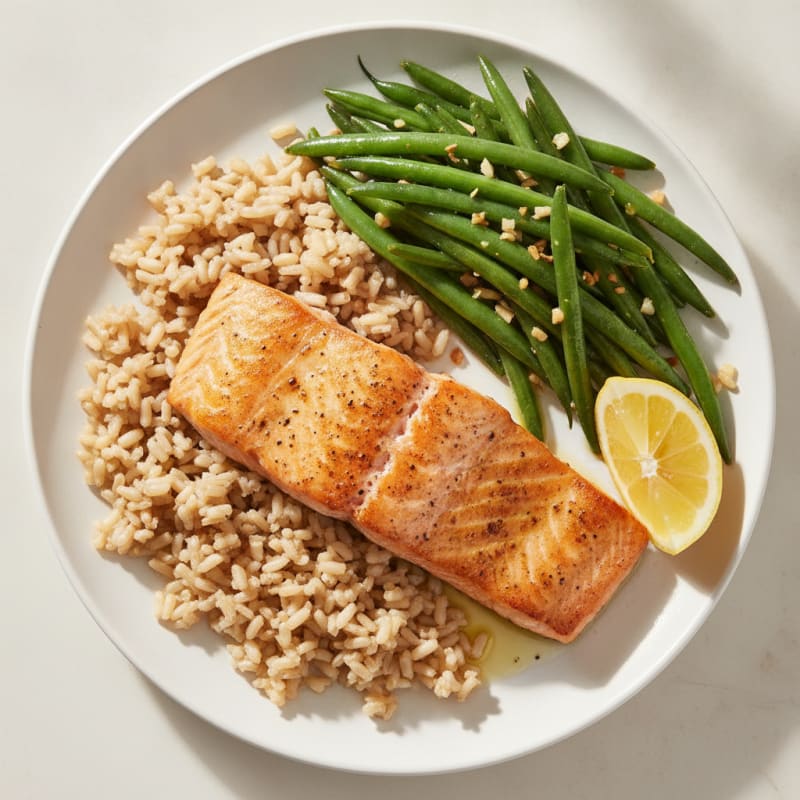 Seared Salmon Fillet with Garlic Green Beans and Brown Rice