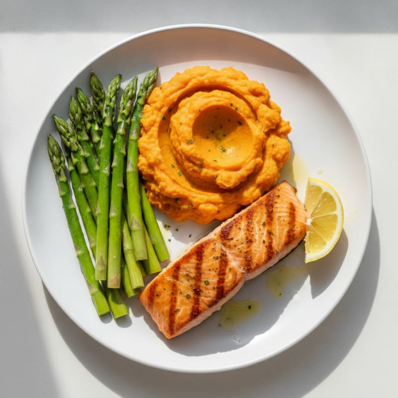 Seared Salmon with Steamed Asparagus and Sweet Potato Mash