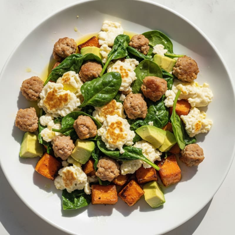 Egg White and Turkey Sausage Scramble with Spinach and Roasted Sweet Potato