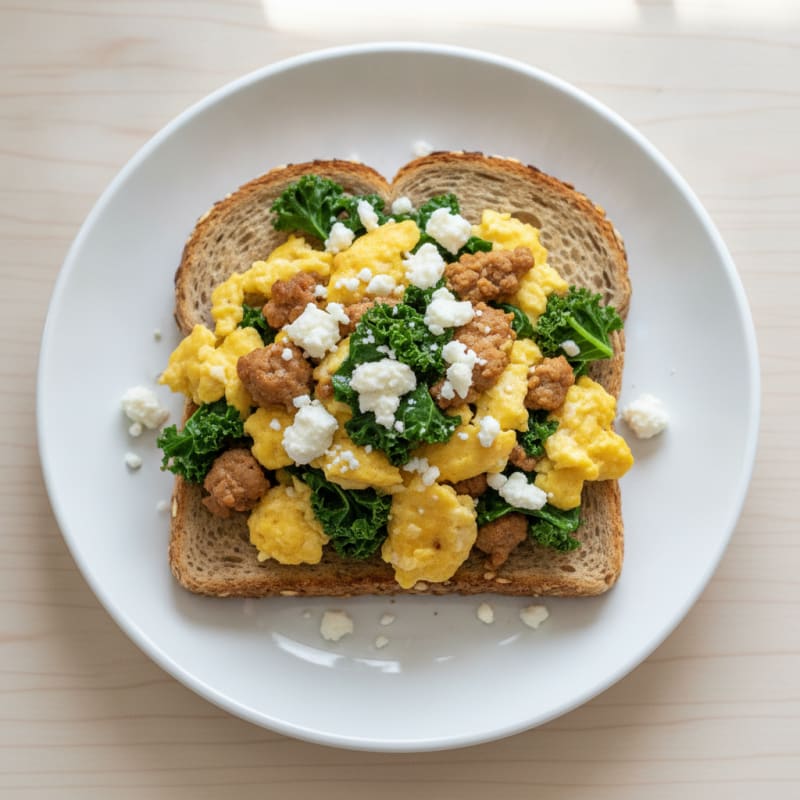 Scrambled Eggs with Turkey, Feta, and Sautéed Kale on Whole Grain Toast