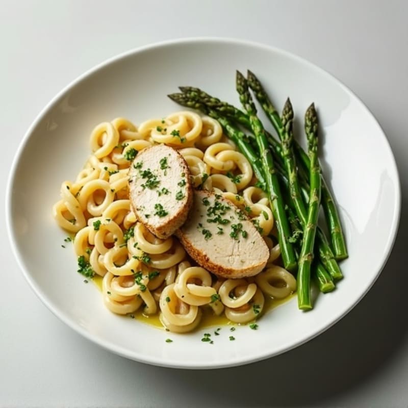 Creamy Pesto Chicken Pasta with Roasted Asparagus