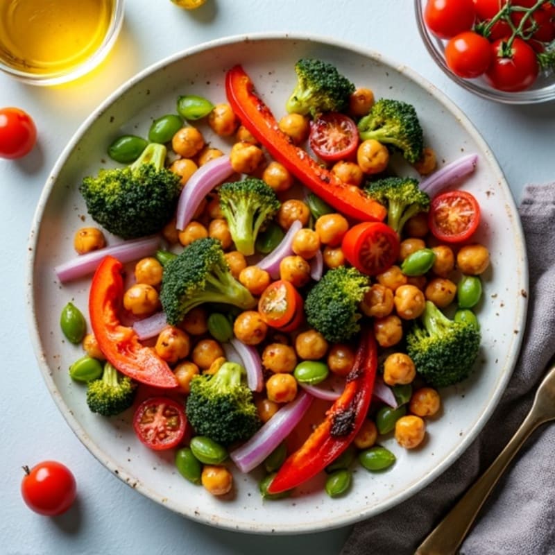 Sheet Pan Roasted Vegetables with Crispy Chickpeas and Edamame