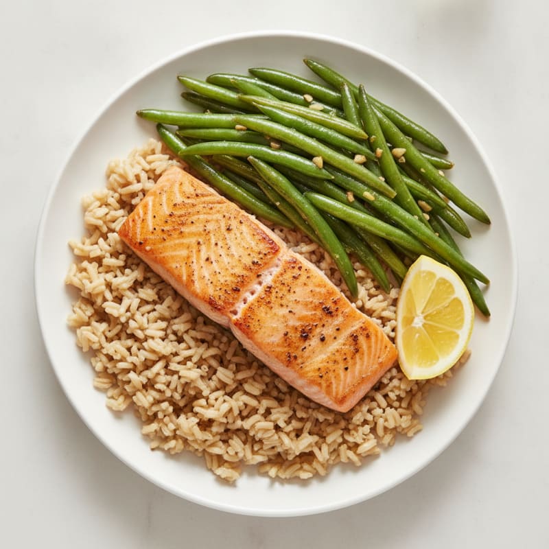 Seared Salmon Fillet with Garlic Green Beans and Brown Rice