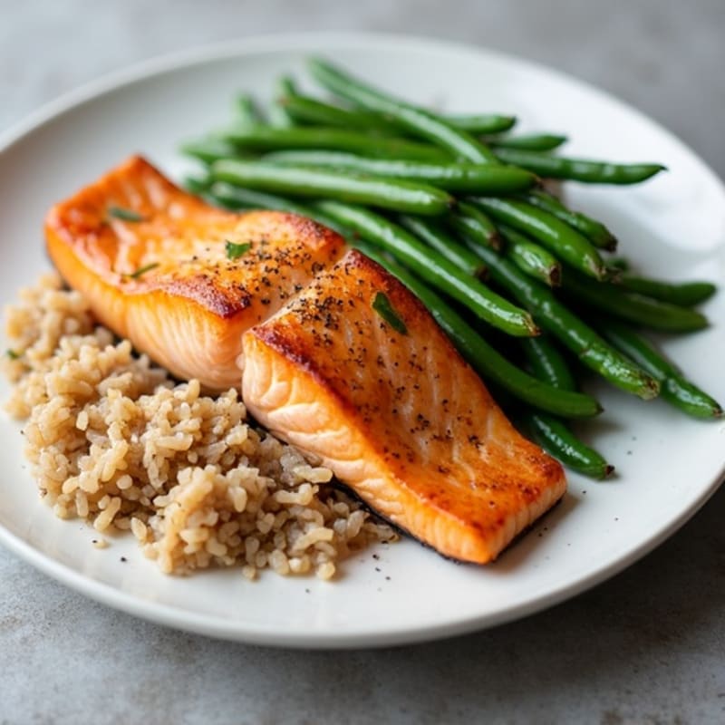 Seared Salmon Fillet with Garlic Green Beans and Brown Rice