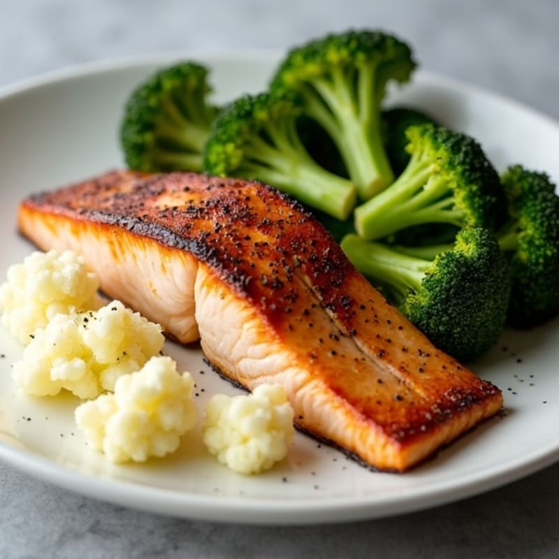 Seared Salmon with Roasted Broccoli and Garlic Mashed Cauliflower