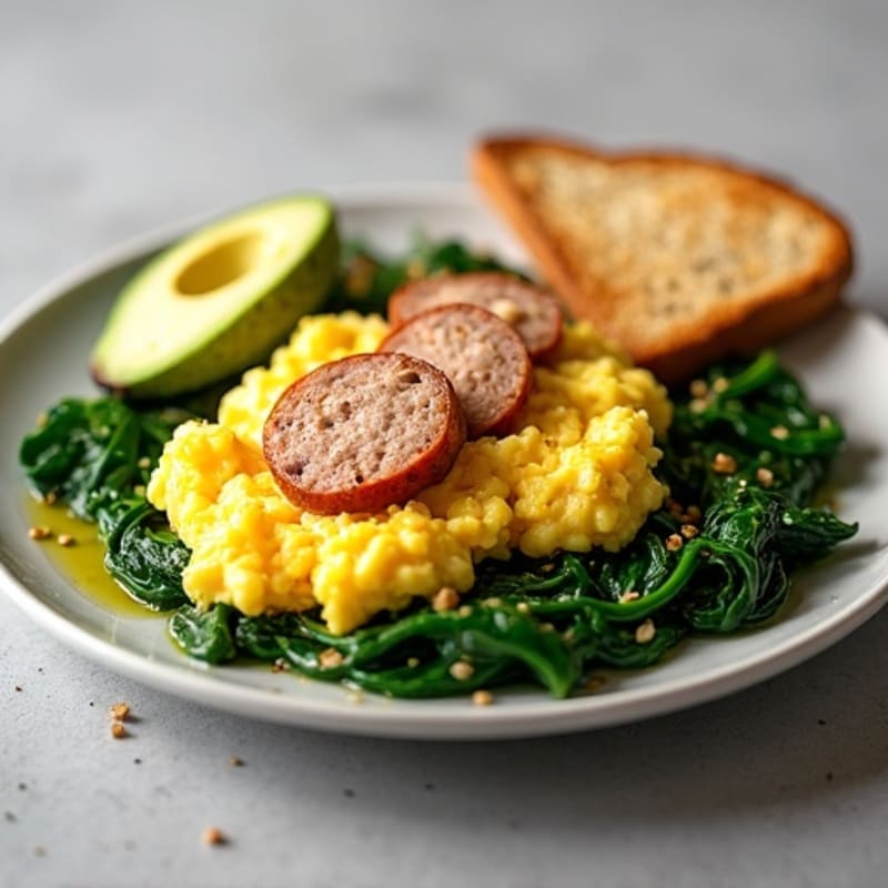 Egg White and Turkey Sausage Scramble with Sautéed Spinach