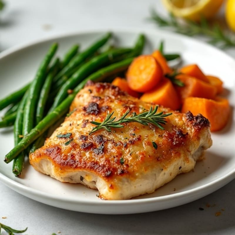 Crispy Lemon-Herb Chicken Thighs with Roasted Sweet Potatoes and Green Beans