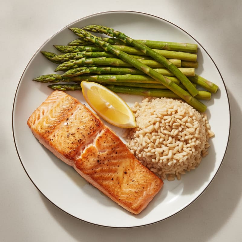 Seared Salmon with Steamed Asparagus and Brown Rice