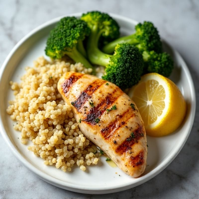 Grilled Lemon Herb Chicken Breast with Roasted Broccoli and Quinoa