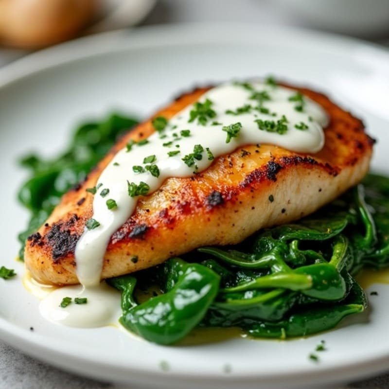 Creamy Garlic Herb Pan-Seared Chicken with Sautéed Spinach