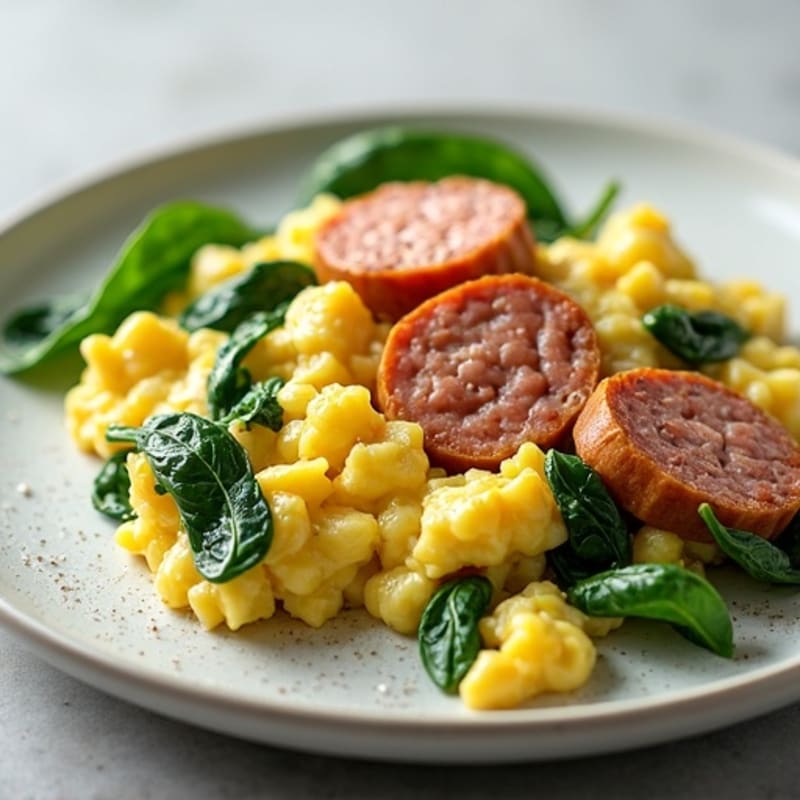 Creamy Egg and Spinach Scramble with Lean Turkey Sausage