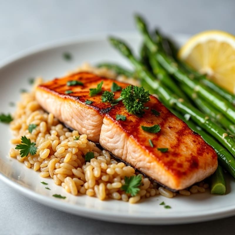 Seared Salmon with Steamed Asparagus and Brown Rice
