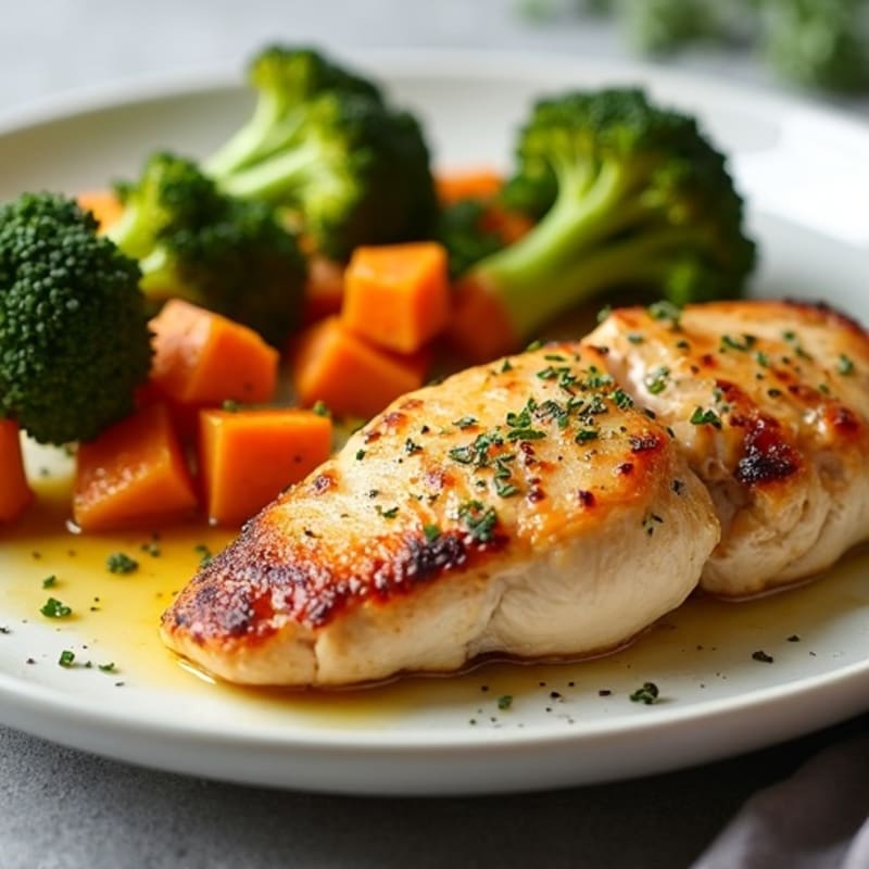 Juicy Baked Chicken Breasts with Roasted Sweet Potatoes and Broccoli