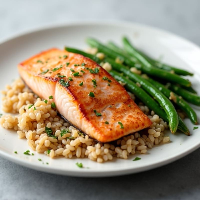 Seared Salmon with Garlic Green Beans and Brown Rice