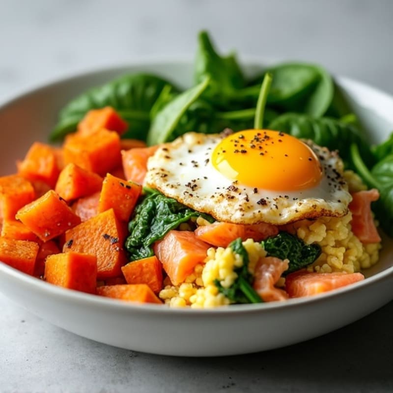 Smoked Salmon Scramble with Spinach and Sweet Potato Hash