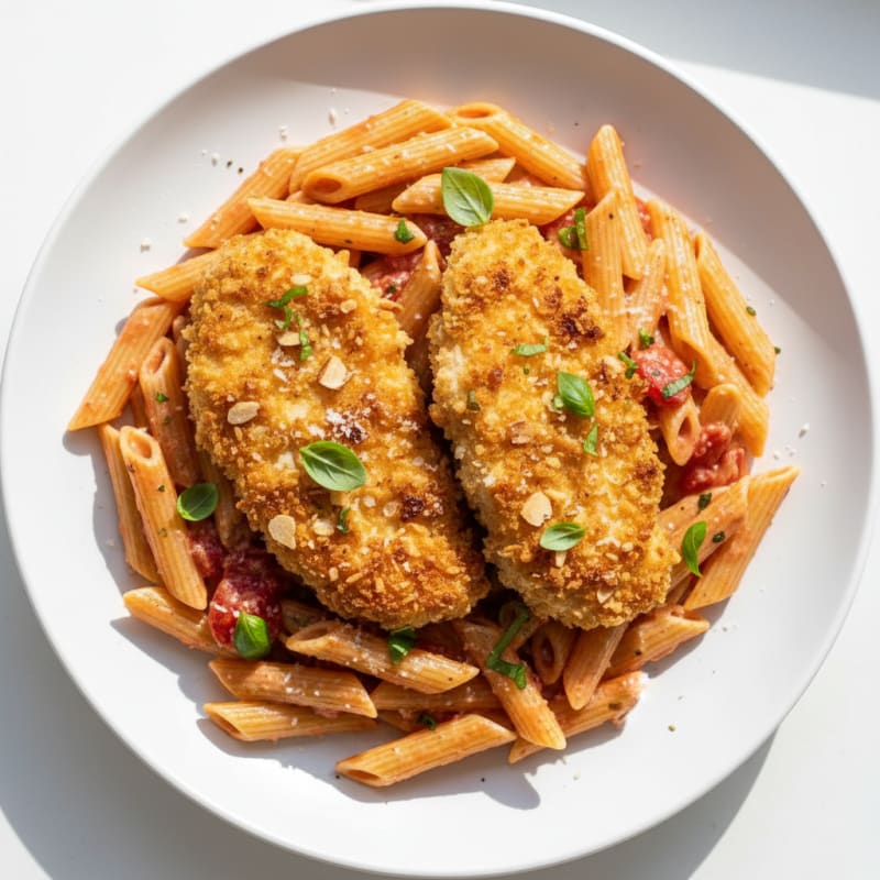 Breaded Chicken Penne with Creamy Vodka Sauce