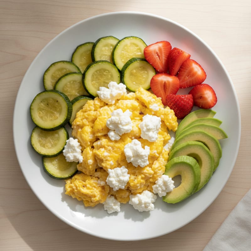 Egg and Cottage Cheese Scramble with Sautéed Zucchini and Strawberries