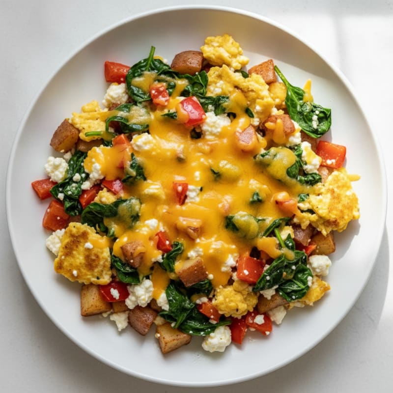 Cottage Cheese Scramble with Sautéed Vegetables and Cheddar