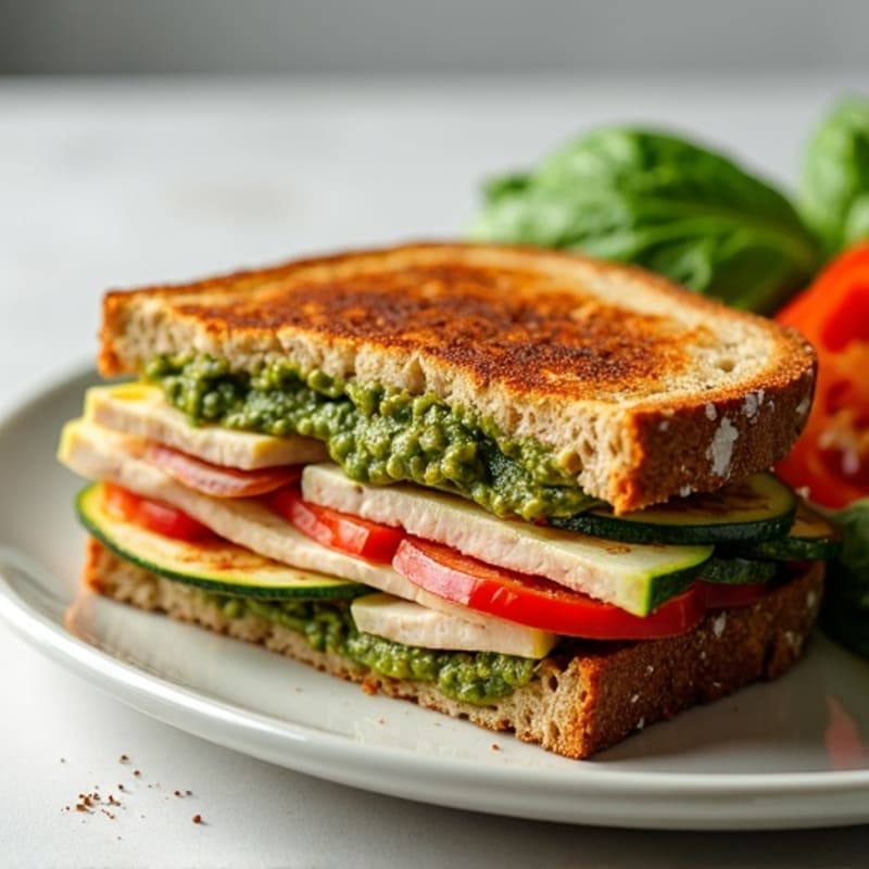 Crispy Whole Wheat Turkey Pesto Panini with Roasted Vegetables