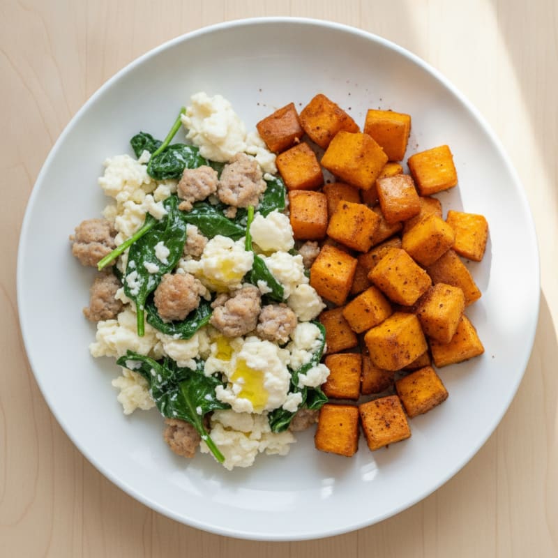 Egg White and Turkey Sausage Scramble with Spinach and Roasted Sweet Potatoes