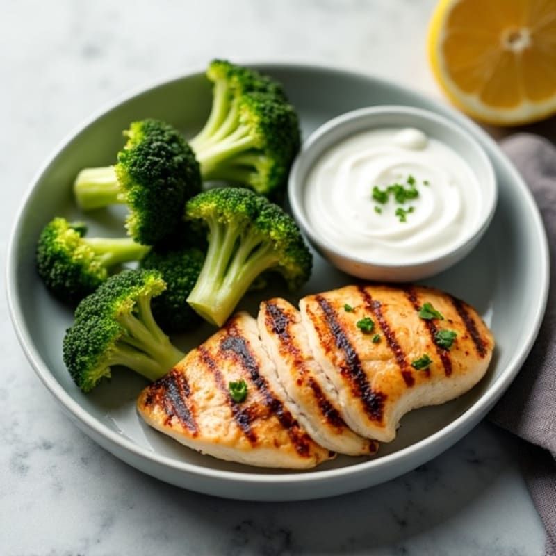 Grilled Chicken Breast with Roasted Broccoli and Greek Yogurt Dip