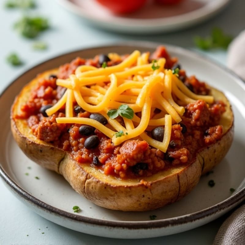Crispy Roasted Potato Halves with Lean Turkey Chili and Melted Sharp Cheddar