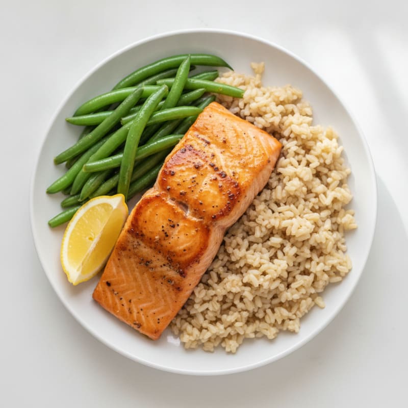 Seared Salmon with Steamed Green Beans and Brown Rice