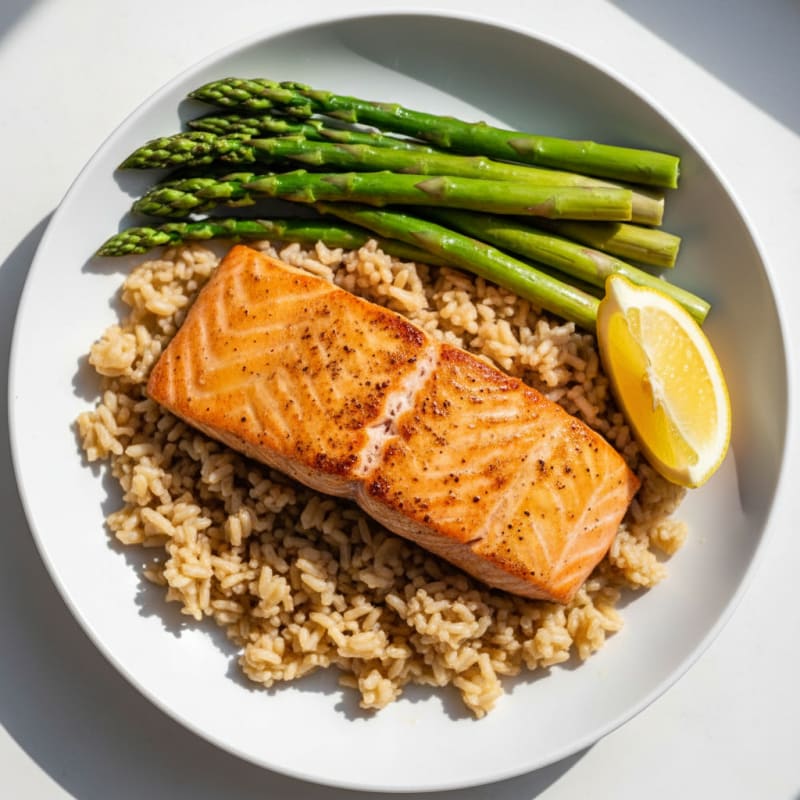 Seared Salmon Fillet with Steamed Asparagus and Brown Rice