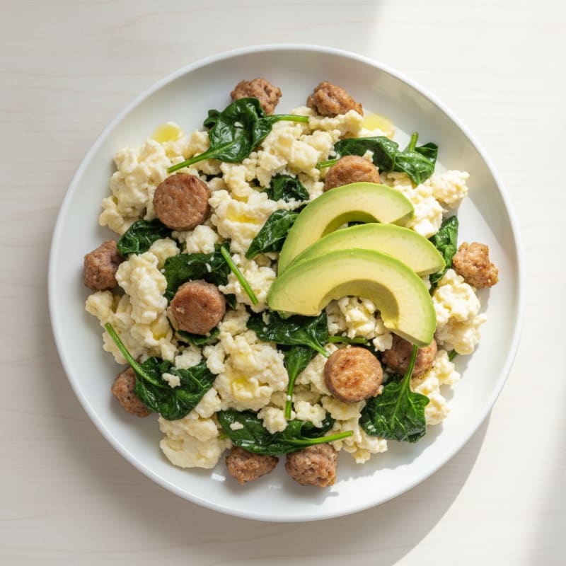 Egg White and Turkey Sausage Scramble with Sautéed Spinach