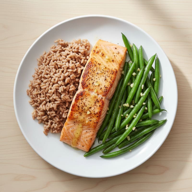 Seared Salmon Fillet with Garlic Green Beans and Brown Rice