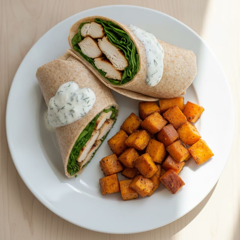 Grilled Chicken and Greek Yogurt Ranch Wrap with Roasted Sweet Potato