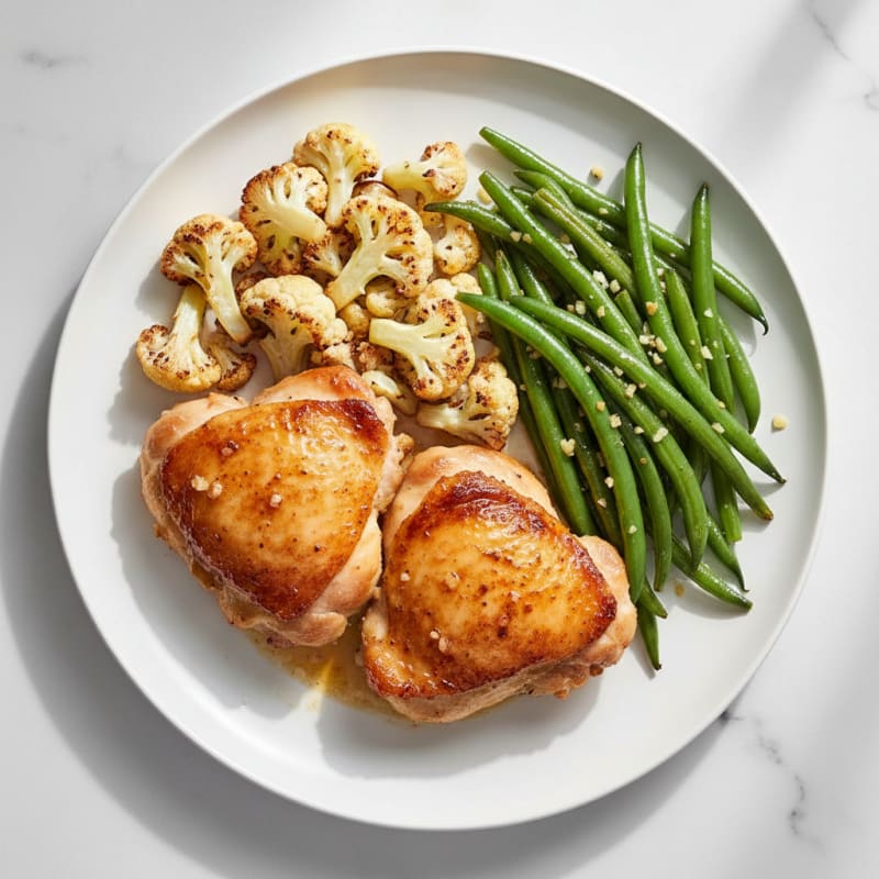 Seared Chicken Thighs with Roasted Cauliflower and Garlic Green Beans