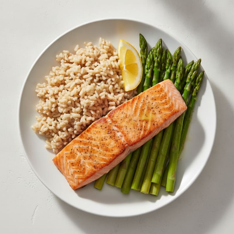Seared Salmon with Steamed Asparagus and Brown Rice