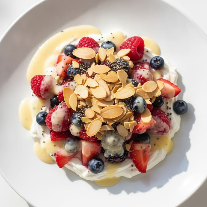 Silky Protein Yogurt Parfait with Mixed Berries and Almonds