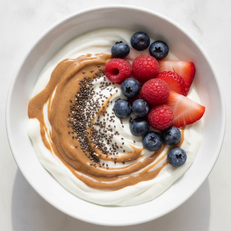 Silky Greek Yogurt Bowl with Chia Seeds, Almond Butter and Fresh Berries