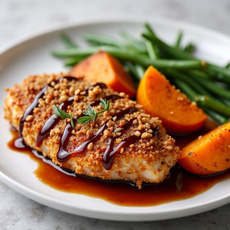 Crispy Nut-Crusted Chicken with Roasted Sweet Potatoes and Balsamic Drizzle