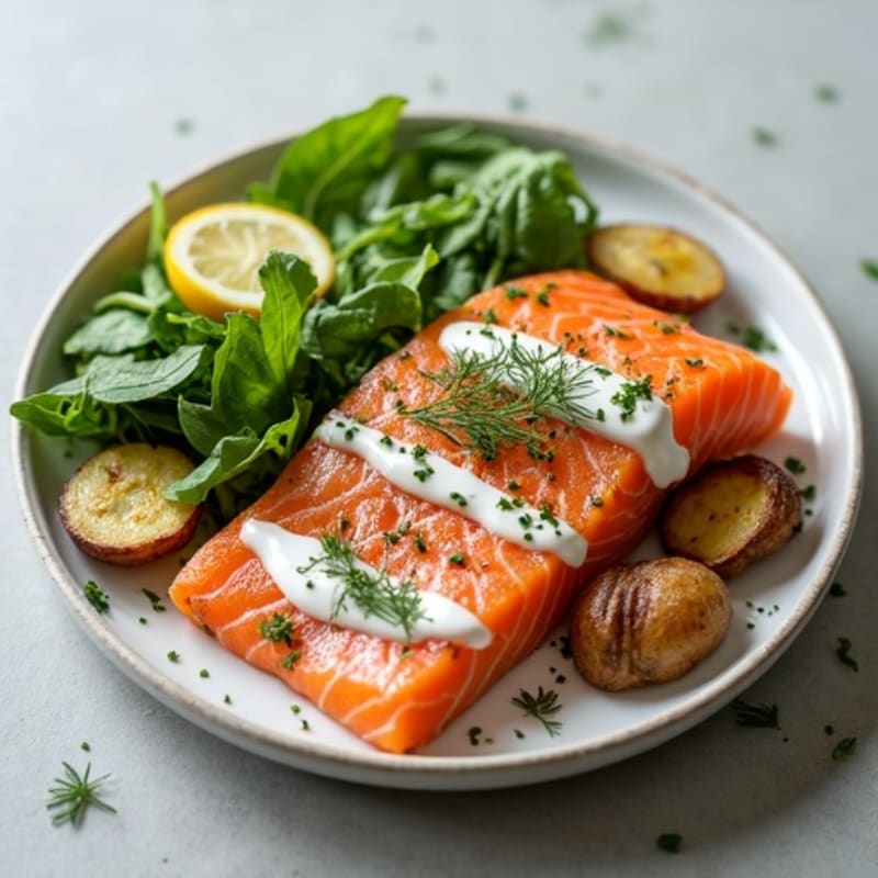 Smoked Salmon, Crispy Roasted Potatoes, and Fresh Greens with Creamy Lemon-Dill Dressing