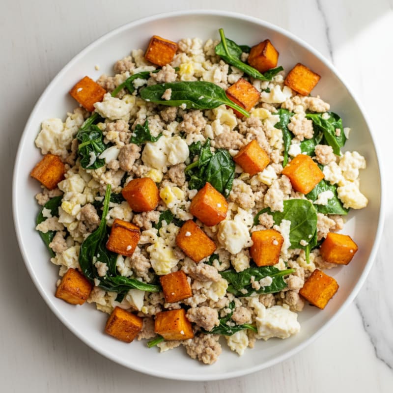 Egg White and Turkey Spinach Scramble with Roasted Sweet Potatoes
