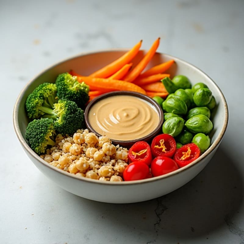 Crispy Chickpea and Roasted Vegetable Buddha Bowl with Creamy Tahini Dressing