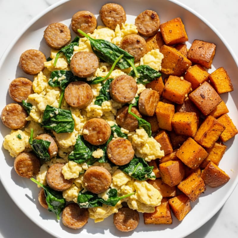 Crispy Turkey Sausage and Spinach Egg Scramble with Roasted Sweet Potatoes