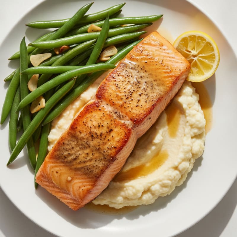 Seared Salmon with Garlic Green Beans and Cauliflower Mash