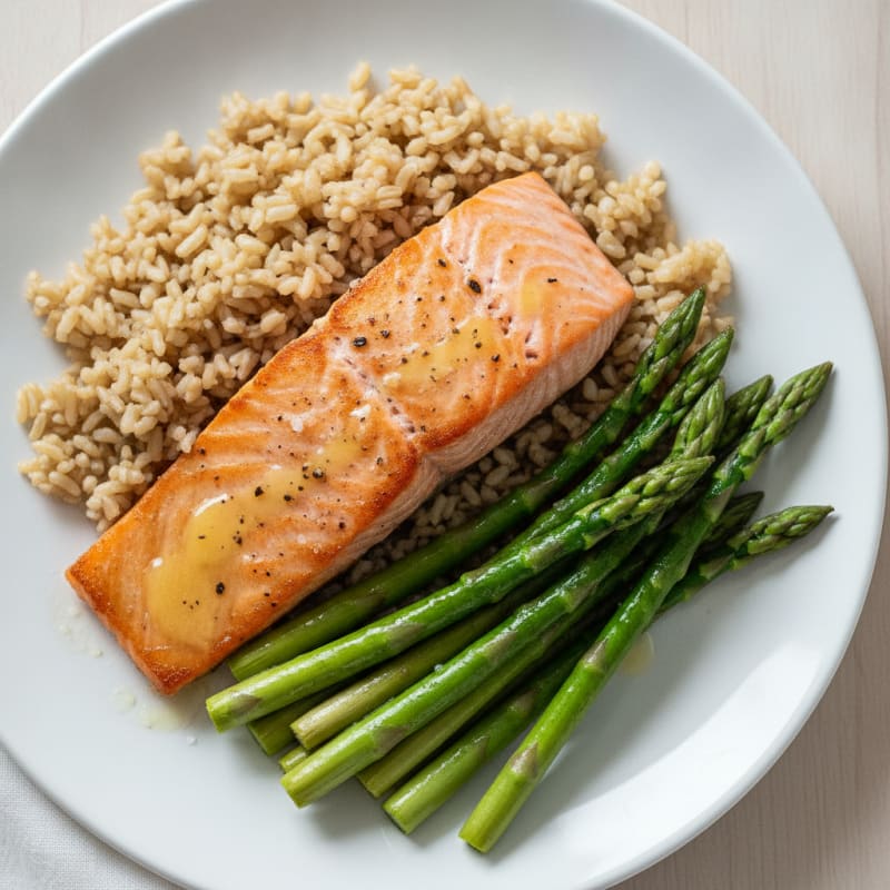 Seared Salmon with Steamed Asparagus and Brown Rice